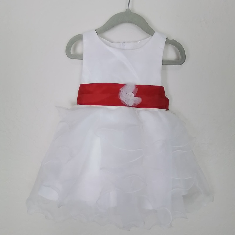 Girls Sleeveless Fit Flare Dress‎ Sz M White Red Tie Tiered Ruffle Skirt Lined